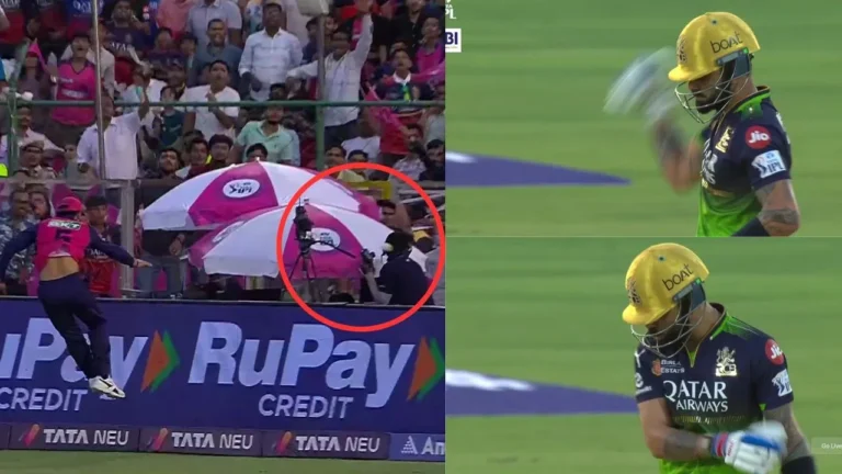 Virat Kohli furiously punches his bat after hitting cameraman with brutal six
